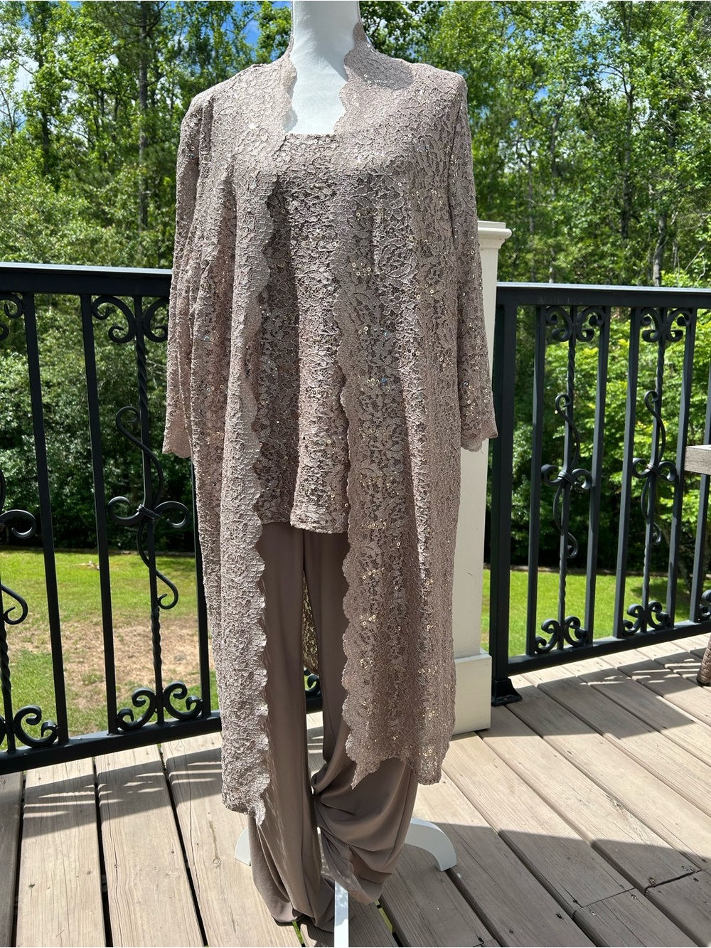 Taupe Lace Open-Front Women's 3 piece pant suit